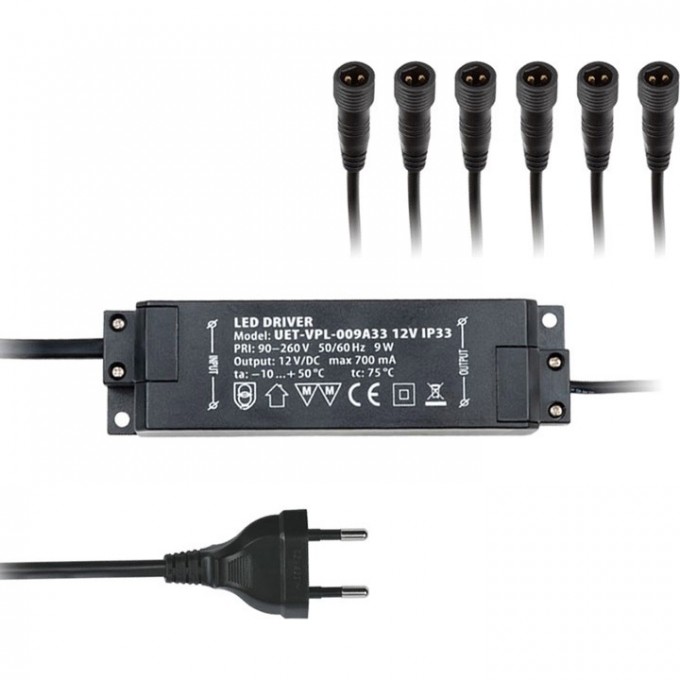 Блок питания UNIEL UET-VPL-009А33 12V IP33 6 выходов 08939 Блок питания UNIEL UET-VPL-009А33 12V IP33 6 выходов 08939