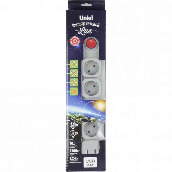 Cетевой фильтр UNIEL S-GSL5-3U GREY UL-00001761 Cетевой фильтр UNIEL S-GSL5-3U GREY UL-00001761