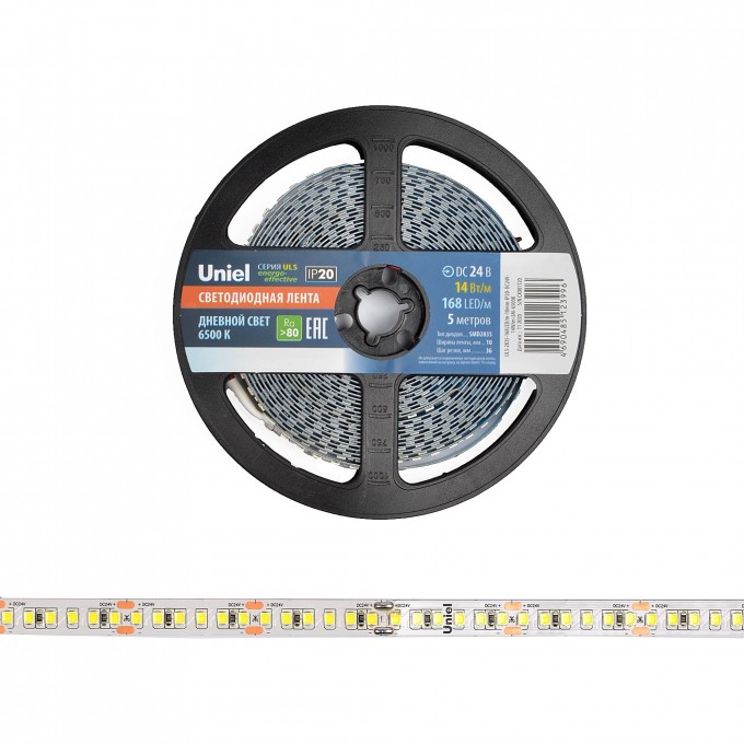 Гибкая светодиодная лента UNIEL ULS-2835-168LED/m-10mm-IP20-DC24V-14W/m-5M-6500K на самоклеящейся основе UL-00005873 Гибкая светодиодная лента UNIEL ULS-2835-168LED/m-10mm-IP20-DC24V-14W/m-5M-6500K на самоклеящейся основе UL-00005873