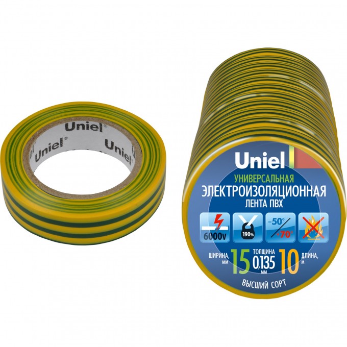 Изоляционная лента UNIEL UIT-135P 10/15/10 YGR 10 м, 15 мм, 0,135 мм, 10 шт, цвет Желто-Зеленый 04523 Изоляционная лента UNIEL UIT-135P 10/15/10 YGR 10 м, 15 мм, 0,135 мм, 10 шт, цвет Желто-Зеленый 04523
