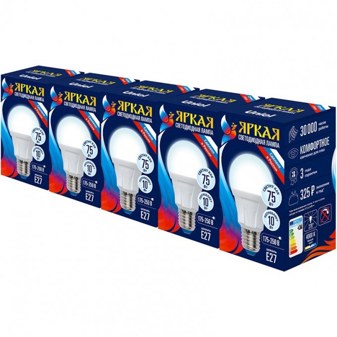 Лампа светодиодная UNIEL LED-A60 10W/NW/E27/FR PLP01WH Набор из 5штук UL-00008086 Лампа светодиодная UNIEL LED-A60 10W/NW/E27/FR PLP01WH Набор из 5штук UL-00008086