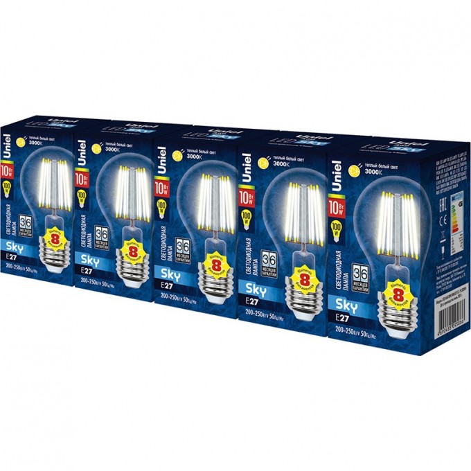 Лампа светодиодная UNIEL LED-A60-10W/WW/E27/CL PLS02WH Набор из 5штук UL-00008083 Лампа светодиодная UNIEL LED-A60-10W/WW/E27/CL PLS02WH Набор из 5штук UL-00008083
