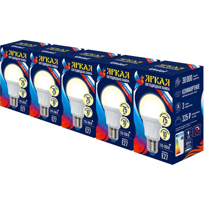 Лампа светодиодная UNIEL LED-A60 10W/WW/E27/FR PLP01WH Набор из 5штук UL-00008087 Лампа светодиодная UNIEL LED-A60 10W/WW/E27/FR PLP01WH Набор из 5штук UL-00008087