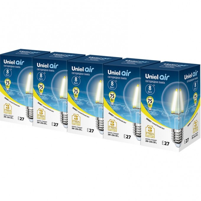 Лампа светодиодная UNIEL LED-A60-8W/WW/E27/CL GLA01TR Набор из 5штук UL-00008080 Лампа светодиодная UNIEL LED-A60-8W/WW/E27/CL GLA01TR Набор из 5штук UL-00008080