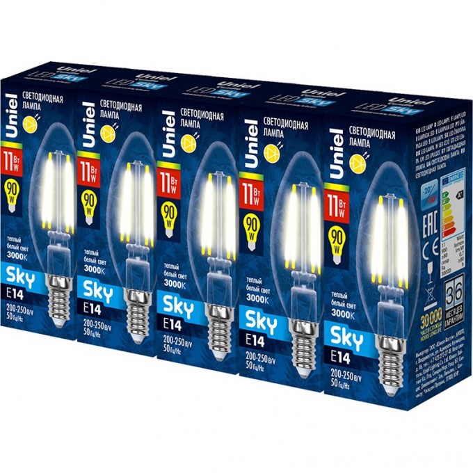 Лампа светодиодная UNIEL LED-C35-11W/3000K/E14/CL PLS02WH Набор из 5штук UL-00008084 Лампа светодиодная UNIEL LED-C35-11W/3000K/E14/CL PLS02WH Набор из 5штук UL-00008084