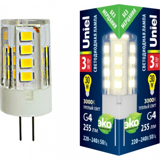 Лампа светодиодная UNIEL LED-JC-220/3W/3000K/G4/CL GLZ09TR прозрачная UL-00006742 Лампа светодиодная UNIEL LED-JC-220/3W/3000K/G4/CL GLZ09TR прозрачная UL-00006742