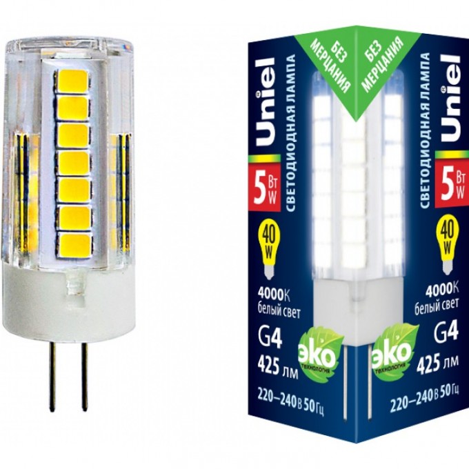 Лампа светодиодная UNIEL LED-JC-220/5W/4000K/G4/CL GLZ09TR картон UL-00006745 Лампа светодиодная UNIEL LED-JC-220/5W/4000K/G4/CL GLZ09TR картон UL-00006745