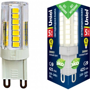 Лампа светодиодная UNIEL LED-JCD-5W/3000K/G9/CL GLZ09TR картон Лампа светодиодная UNIEL LED-JCD-5W/3000K/G9/CL GLZ09TR картон