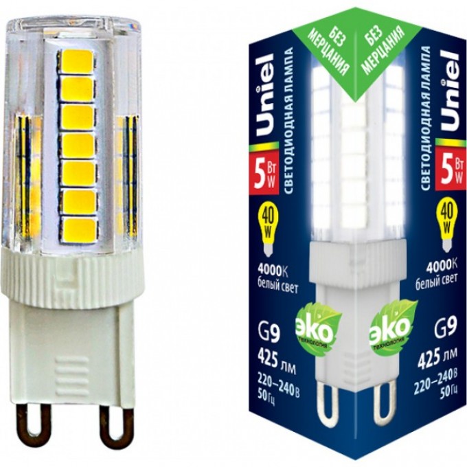 Лампа светодиодная UNIEL LED-JCD-5W/4000K/G9/CL GLZ09TR картон UL-00006749 Лампа светодиодная UNIEL LED-JCD-5W/4000K/G9/CL GLZ09TR картон UL-00006749