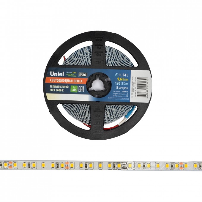 Светодиодная лента UNIEL ULS-2835-120LED/m-8mm-IP20-DC24V-9,6W/m-5M-3000K катушка в герметичной упаковке UL-00005872 Светодиодная лента UNIEL ULS-2835-120LED/m-8mm-IP20-DC24V-9,6W/m-5M-3000K катушка в герметичной упаковке UL-00005872
