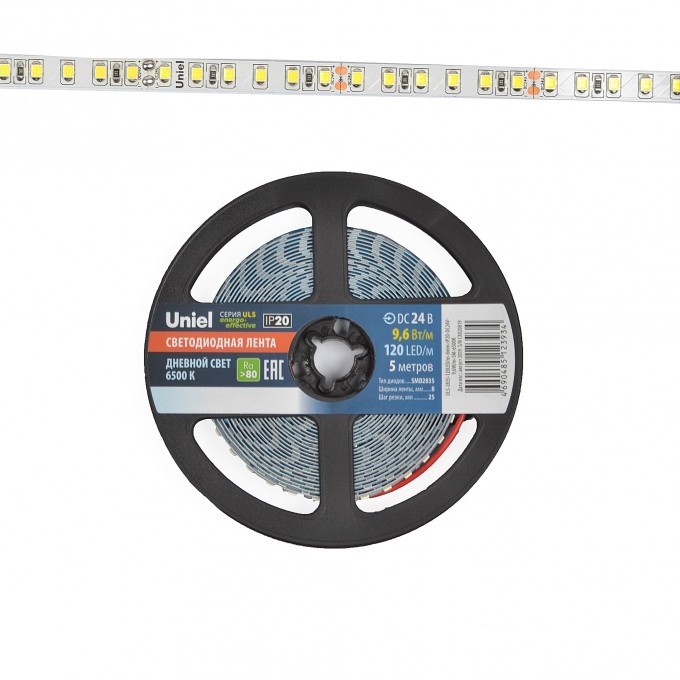 Светодиодная лента UNIEL ULS-2835-120LED/m-8mm-IP20-DC24V-9,6W/m-5M-6500K катушка в герметичной упаковке UL-00005870 Светодиодная лента UNIEL ULS-2835-120LED/m-8mm-IP20-DC24V-9,6W/m-5M-6500K катушка в герметичной упаковке UL-00005870