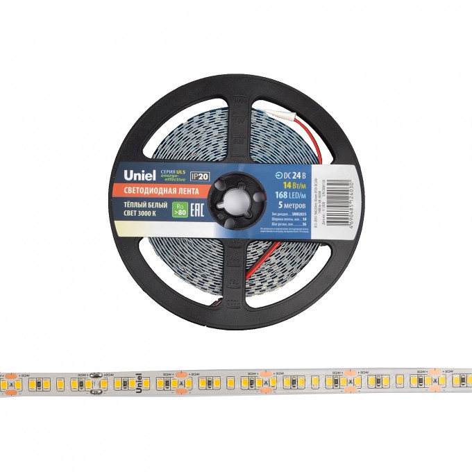 Светодиодная лента UNIEL ULS-2835-168LED/m-10mm-IP20-DC24V-14W/m-5M-3000K катушка в герметичной упаковке UL-00005875 Светодиодная лента UNIEL ULS-2835-168LED/m-10mm-IP20-DC24V-14W/m-5M-3000K катушка в герметичной упаковке UL-00005875