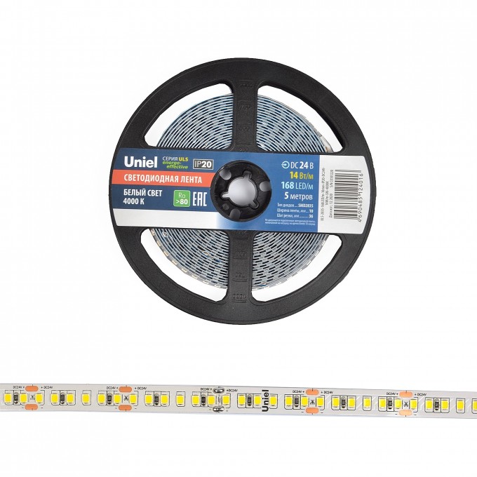 Светодиодная лента UNIEL ULS-2835-168LED/m-10mm-IP20-DC24V-14W/m-5M-4000K катушка в герметичной упаковке UL-00005874 Светодиодная лента UNIEL ULS-2835-168LED/m-10mm-IP20-DC24V-14W/m-5M-4000K катушка в герметичной упаковке UL-00005874
