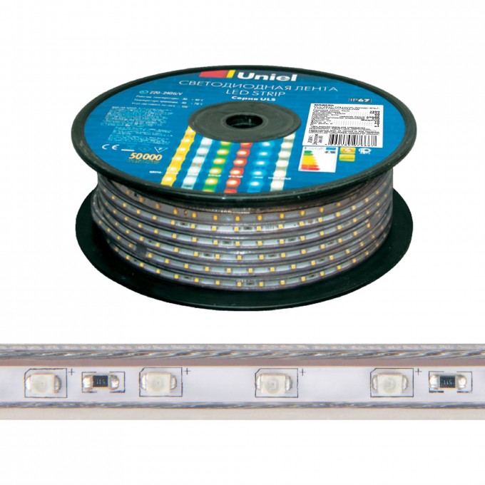 Светодиодная лента UNIEL ULS-2835-60LED/m-10mm-IP67-220V-8W/m-50M-W бобина UL-00000858 Светодиодная лента UNIEL ULS-2835-60LED/m-10mm-IP67-220V-8W/m-50M-W бобина UL-00000858