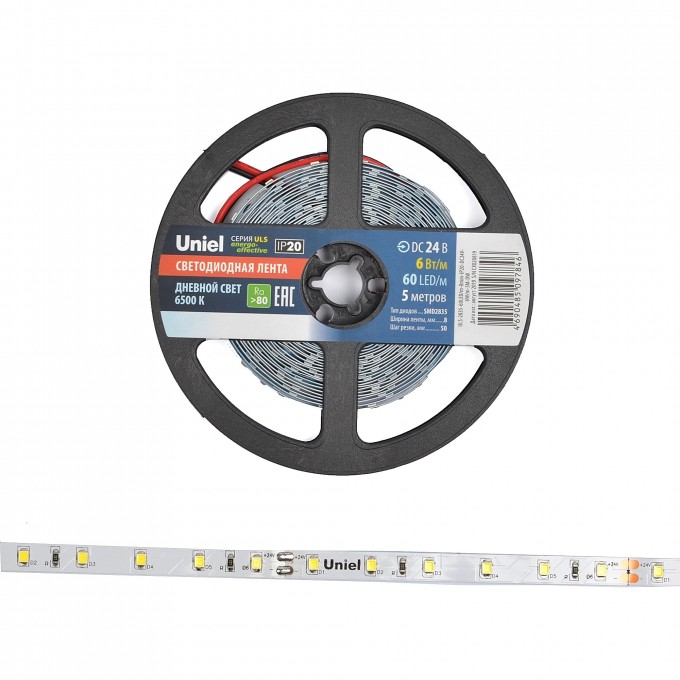 Светодиодная лента UNIEL ULS-2835-60LED/m-8mm-IP20-DC24V-6W/m-5M-W катушка в герметичной упаковке UL-00002970 Светодиодная лента UNIEL ULS-2835-60LED/m-8mm-IP20-DC24V-6W/m-5M-W катушка в герметичной упаковке UL-00002970