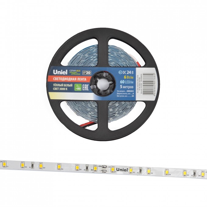 Светодиодная лента UNIEL ULS-2835-60LED/m-8mm-IP20-DC24V-6W/m-5M-WW катушка в герметичной упаковке UL-00002971 Светодиодная лента UNIEL ULS-2835-60LED/m-8mm-IP20-DC24V-6W/m-5M-WW катушка в герметичной упаковке UL-00002971
