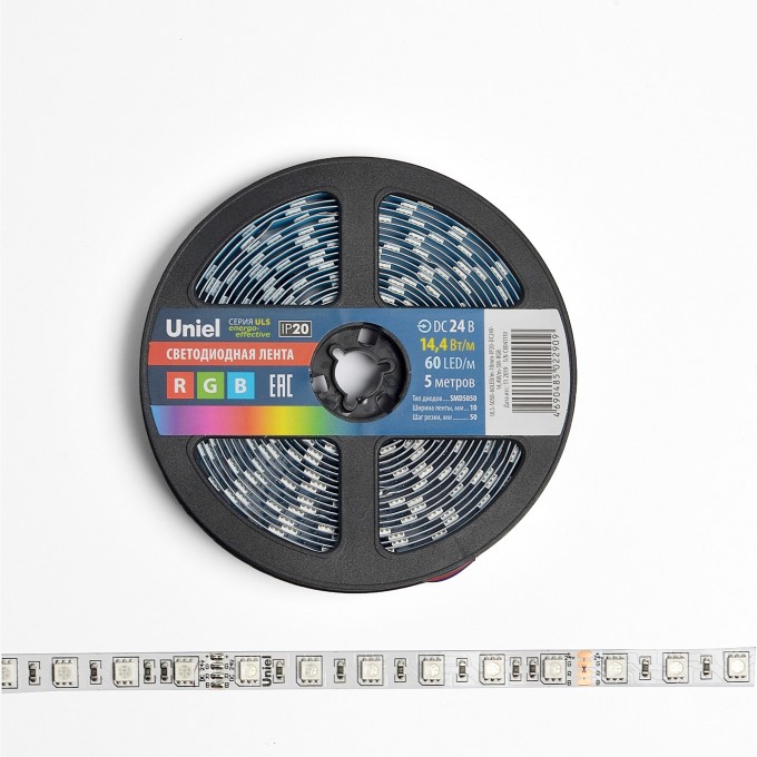Светодиодная лента UNIEL ULS-5050-60LED/m-10mm-IP20-DC24V-14,4W/m-5M-RGB катушка в герметичной упаковке 04932 Светодиодная лента UNIEL ULS-5050-60LED/m-10mm-IP20-DC24V-14,4W/m-5M-RGB катушка в герметичной упаковке 04932