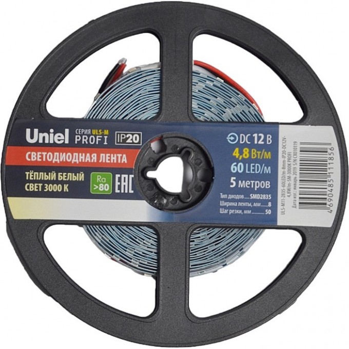 Светодиодная лента UNIEL ULS-M11-2835-60LED/m-8mm-IP20-DC12V-4,8W/m-5M-3000K PROFI катушка в герметичной упаковке UL-00004358 Светодиодная лента UNIEL ULS-M11-2835-60LED/m-8mm-IP20-DC12V-4,8W/m-5M-3000K PROFI катушка в герметичной упаковке UL-00004358