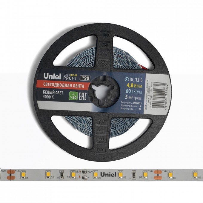 Светодиодная лента UNIEL ULS-M11-2835-60LED/m-8mm-IP20-DC12V-4,8W/m-5M-4000K PROFI катушка в герметичной упаковке UL-00004357 Светодиодная лента UNIEL ULS-M11-2835-60LED/m-8mm-IP20-DC12V-4,8W/m-5M-4000K PROFI катушка в герметичной упаковке UL-00004357