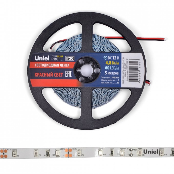 Светодиодная лента UNIEL ULS-M11-2835-60LED/m-8mm-IP20-DC12V-4,8W/m-5M-RED PROFI катушка в герметичной упаковке UL-00004361 Светодиодная лента UNIEL ULS-M11-2835-60LED/m-8mm-IP20-DC12V-4,8W/m-5M-RED PROFI катушка в герметичной упаковке UL-00004361