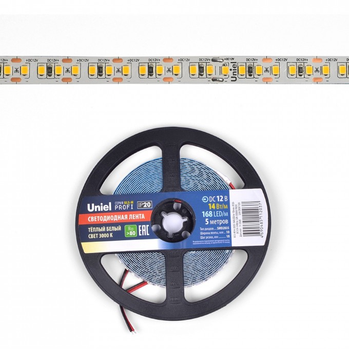 Светодиодная лента UNIEL ULS-M14-2835-168LED/m-10mm-IP20-DC12V-14W/m-5M-3000K PROFI катушка в герметичной упаковке UL-00004367 Светодиодная лента UNIEL ULS-M14-2835-168LED/m-10mm-IP20-DC12V-14W/m-5M-3000K PROFI катушка в герметичной упаковке UL-00004367
