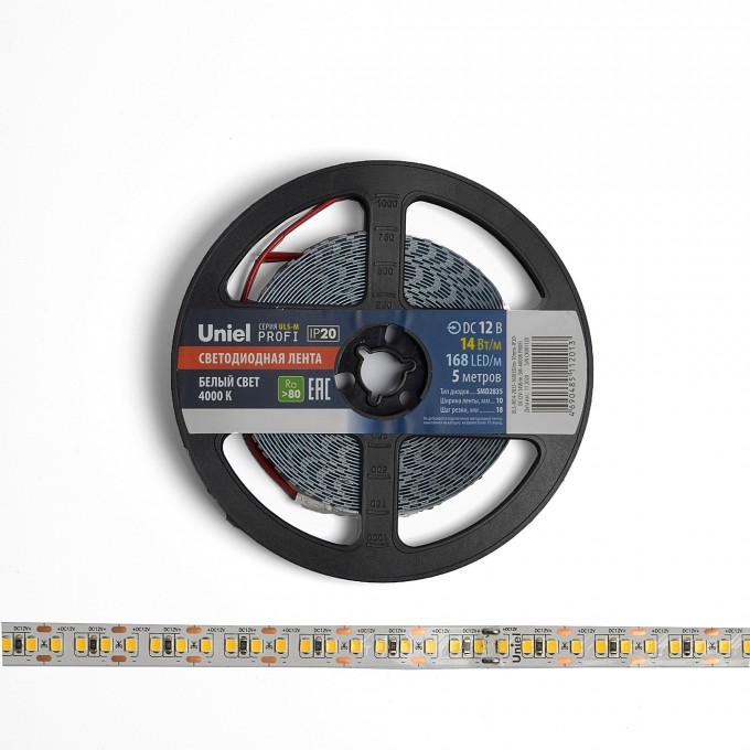 Светодиодная лента UNIEL ULS-M14-2835-168LED/m-10mm-IP20-DC12V-14W/m-5M-4000K PROFI катушка в герметичной упаковке UL-00004366 Светодиодная лента UNIEL ULS-M14-2835-168LED/m-10mm-IP20-DC12V-14W/m-5M-4000K PROFI катушка в герметичной упаковке UL-00004366