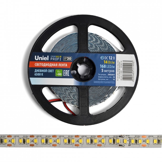 Светодиодная лента UNIEL ULS-M14-2835-168LED/m-10mm-IP20-DC12V-14W/m-5M-6500K PROFI катушка в герметичной упаковке UL-00004365 Светодиодная лента UNIEL ULS-M14-2835-168LED/m-10mm-IP20-DC12V-14W/m-5M-6500K PROFI катушка в герметичной упаковке UL-00004365