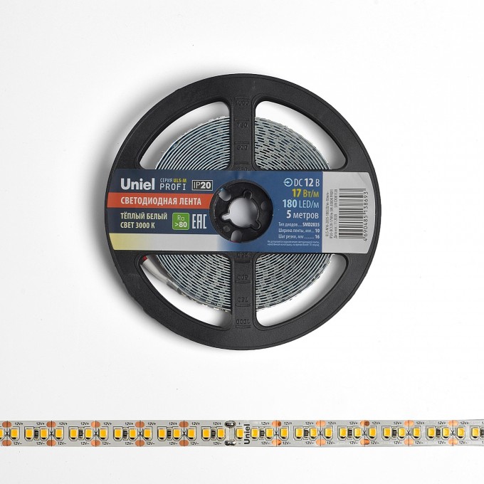 Светодиодная лента UNIEL ULS-M16-2835-180LED/m-10mm-IP20-DC12V-17W/m-5M-3000K PROFI катушка в герметичной упаковке UL-00007639 Светодиодная лента UNIEL ULS-M16-2835-180LED/m-10mm-IP20-DC12V-17W/m-5M-3000K PROFI катушка в герметичной упаковке UL-00007639
