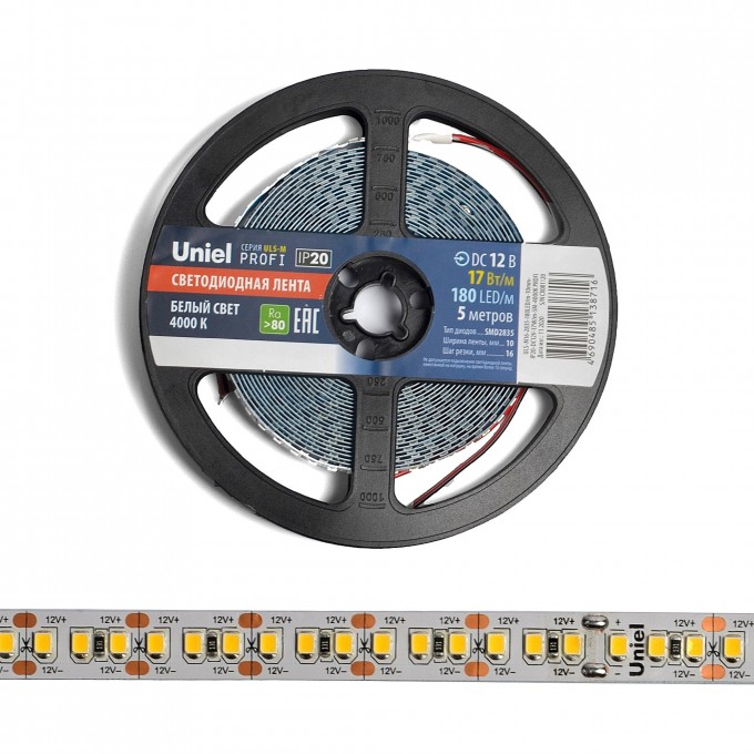 Светодиодная лента UNIEL ULS-M16-2835-180LED/m-10mm-IP20-DC12V-17W/m-5M-4000K PROFI катушка в герметичной упаковке UL-00007640 Светодиодная лента UNIEL ULS-M16-2835-180LED/m-10mm-IP20-DC12V-17W/m-5M-4000K PROFI катушка в герметичной упаковке UL-00007640