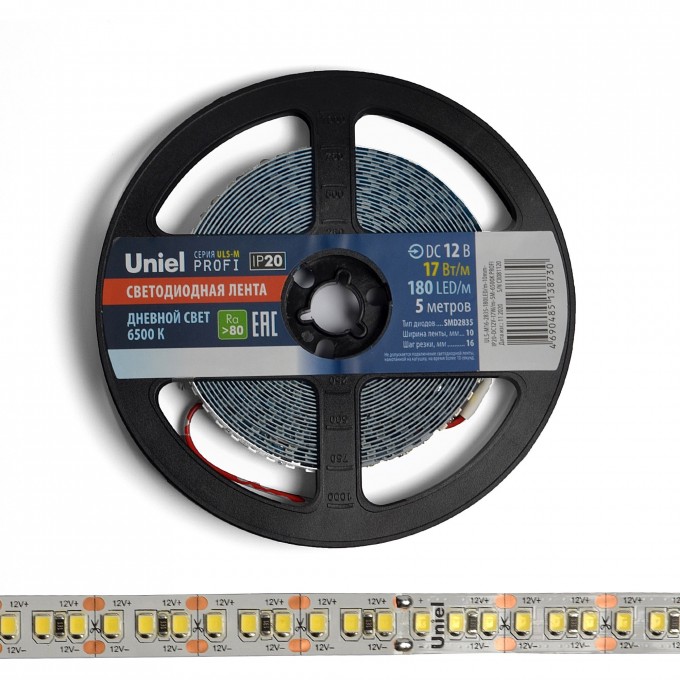 Светодиодная лента UNIEL ULS-M16-2835-180LED/m-10mm-IP20-DC12V-17W/m-5M-6500K PROFI катушка в герметичной упаковке UL-00007641 Светодиодная лента UNIEL ULS-M16-2835-180LED/m-10mm-IP20-DC12V-17W/m-5M-6500K PROFI катушка в герметичной упаковке UL-00007641