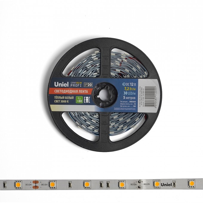 Светодиодная лента UNIEL ULS-M22-5050-30LED/m-10mm-IP20-DC12V-7,2W/m-5M-3000K PROFI катушка в герметичной упаковке UL-00004370 Светодиодная лента UNIEL ULS-M22-5050-30LED/m-10mm-IP20-DC12V-7,2W/m-5M-3000K PROFI катушка в герметичной упаковке UL-00004370