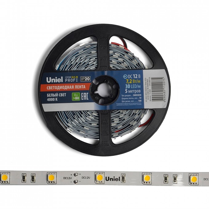 Светодиодная лента UNIEL ULS-M22-5050-30LED/m-10mm-IP20-DC12V-7,2W/m-5M-4000K PROFI катушка в герметичной упаковке UL-00004369 Светодиодная лента UNIEL ULS-M22-5050-30LED/m-10mm-IP20-DC12V-7,2W/m-5M-4000K PROFI катушка в герметичной упаковке UL-00004369
