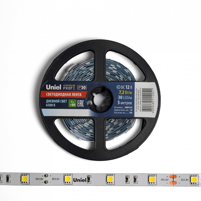 Светодиодная лента UNIEL ULS-M22-5050-30LED/m-10mm-IP20-DC12V-7,2W/m-5M-6500K PROFI катушка в герметичной упаковке UL-00004368 Светодиодная лента UNIEL ULS-M22-5050-30LED/m-10mm-IP20-DC12V-7,2W/m-5M-6500K PROFI катушка в герметичной упаковке UL-00004368