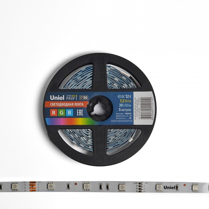 Светодиодная лента UNIEL ULS-M22-5050-30LED/m-10mm-IP20-DC12V-7,2W/m-5M-RGB PROFI катушка в герметичной упаковке UL-00004371 Светодиодная лента UNIEL ULS-M22-5050-30LED/m-10mm-IP20-DC12V-7,2W/m-5M-RGB PROFI катушка в герметичной упаковке UL-00004371