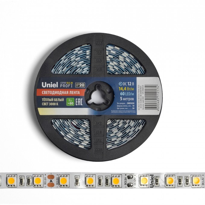 Светодиодная лента UNIEL ULS-M25-5050-60LED/m-10mm-IP20-DC12V-14,4W/m-5M-3000K PROFI катушка в герметичной упаковке UL-00004374 Светодиодная лента UNIEL ULS-M25-5050-60LED/m-10mm-IP20-DC12V-14,4W/m-5M-3000K PROFI катушка в герметичной упаковке UL-00004374