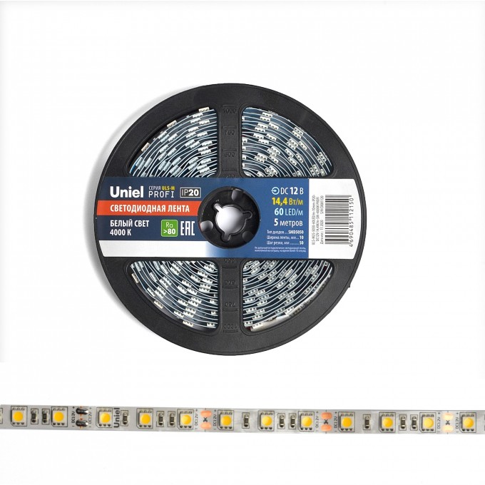Светодиодная лента UNIEL ULS-M25-5050-60LED/m-10mm-IP20-DC12V-14,4W/m-5M-4000K PROFI катушка в герметичной упаковке UL-00004373 Светодиодная лента UNIEL ULS-M25-5050-60LED/m-10mm-IP20-DC12V-14,4W/m-5M-4000K PROFI катушка в герметичной упаковке UL-00004373