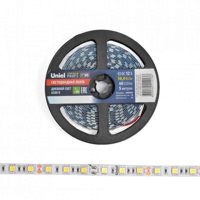 Светодиодная лента UNIEL ULS-M25-5050-60LED/m-10mm-IP20-DC12V-14,4W/m-5M-6500K PROFI катушка в герметичной упаковке UL-00004372 Светодиодная лента UNIEL ULS-M25-5050-60LED/m-10mm-IP20-DC12V-14,4W/m-5M-6500K PROFI катушка в герметичной упаковке UL-00004372
